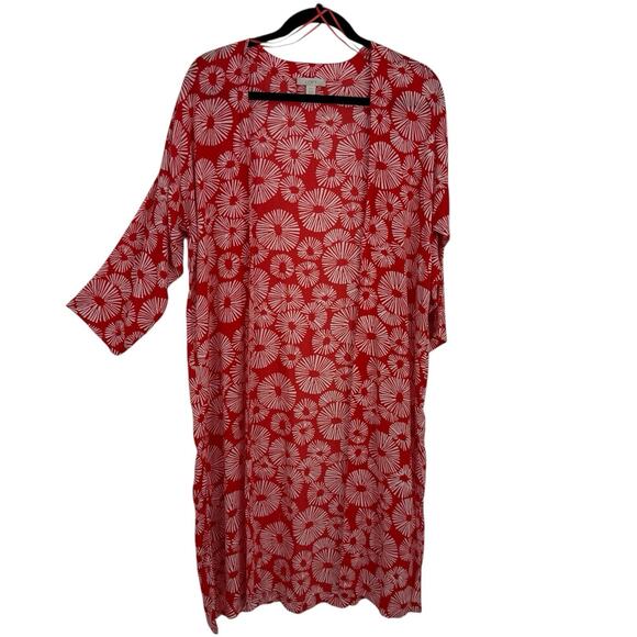 LOFT Open Kimono topper Size XS/Small Red Floral Artsy Long Length - Picture 1 of 9